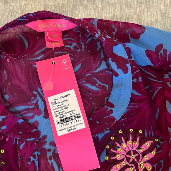 Lilly Pulitzer embroidered kaftan Burgundy/ blue size L/XL , full nude slip nwt - Picture 6 of 11
